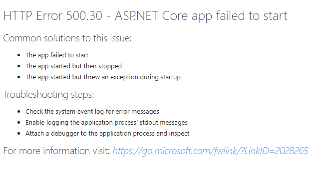 HTTP Error 500.30 - ANCM In-Process Start Failure